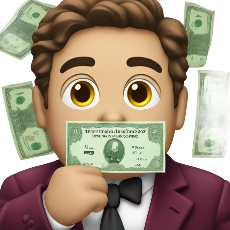 fat guy in dark red velvet suit holding cheque emoji