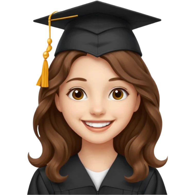 Graduated Students, Cheerful girl, long brown wavy hair, wearing graduation cap emoji
