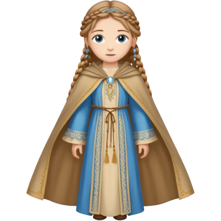 Joven de unos 20 años, de aspecto dulce y elegante.
Piel clara, ojos (pueden ser azules o verdes)
Rubio o castaño claro, largo, con trenzas o velo.
Vestido largo de tonos suaves (blanco, azul o lavanda), con bordados dorados; un manto o toca fina cubriendo la cabeza. Haz todo el cuerpo emoji