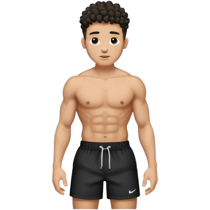 Ripped, athletic man with thick neck, high top fade with no part, curly hair only top only, no shirt and show waistline up, white male, black shorts and more man face emoji