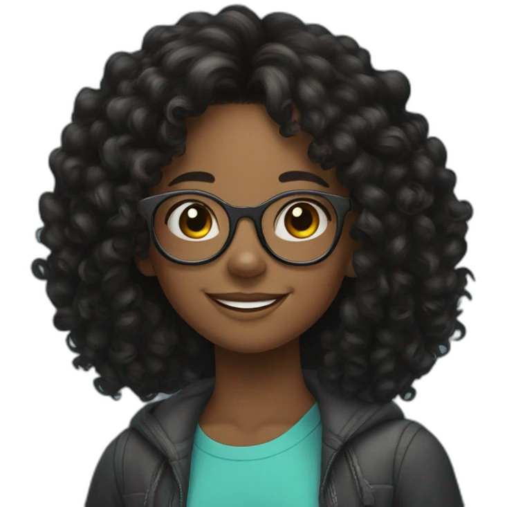 smiling black teenager girl with long black curly hair and round glasses emoji