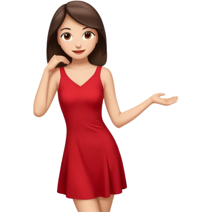 Cartoon emoji of a young brunette woman with fair-medium skin, brown eyes, wearing a red outfit. Full-height, standing confidently in a red dress  posing sexy with a smile and relaxed posture. Smooth, friendly, stylized, make up on, flirty eyes and smile in a sexy position touching hair emoji