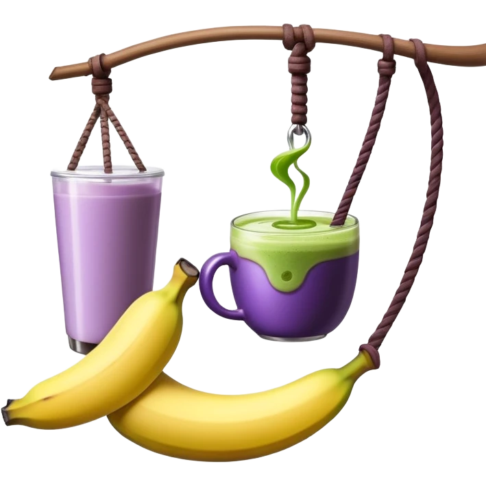 Purple banana on a swing drinking a matcha latte emoji