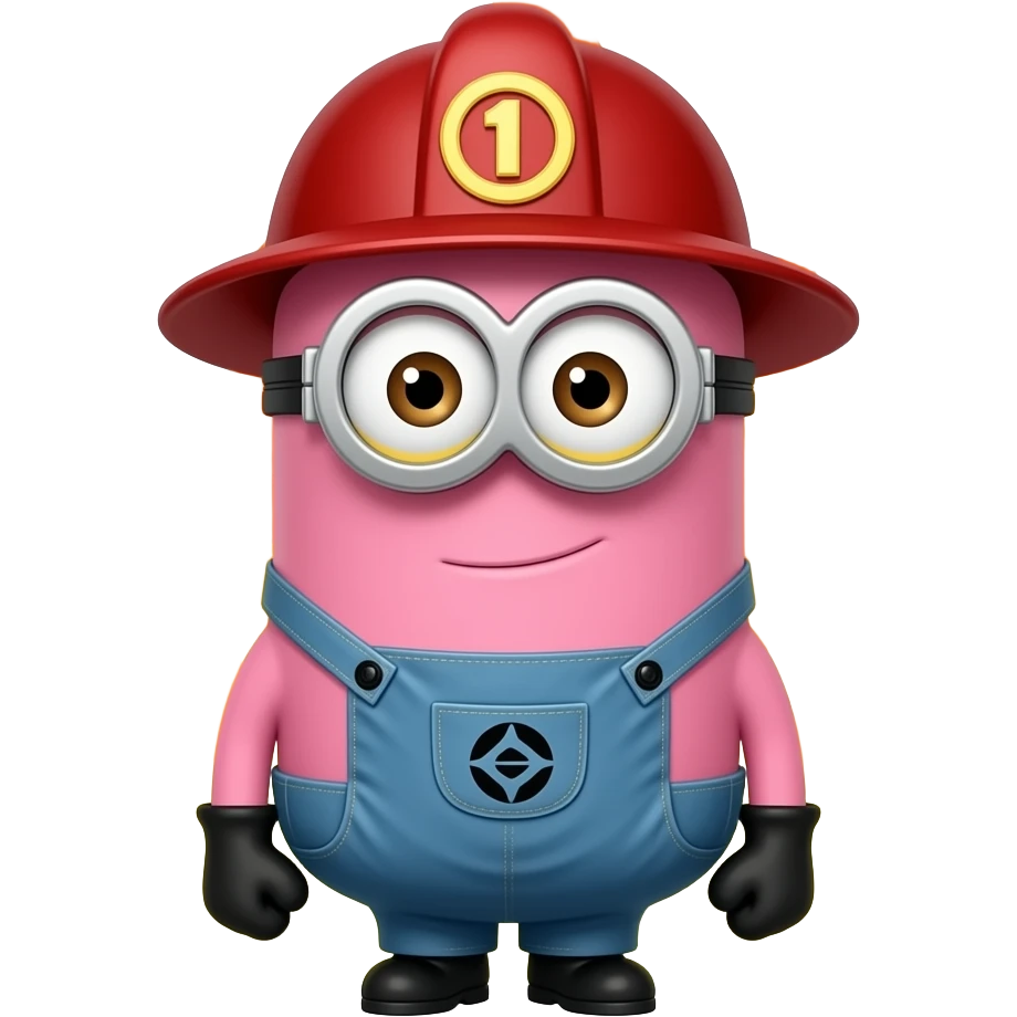 Minion as a firefighter with pink skin, fire in the background emoji