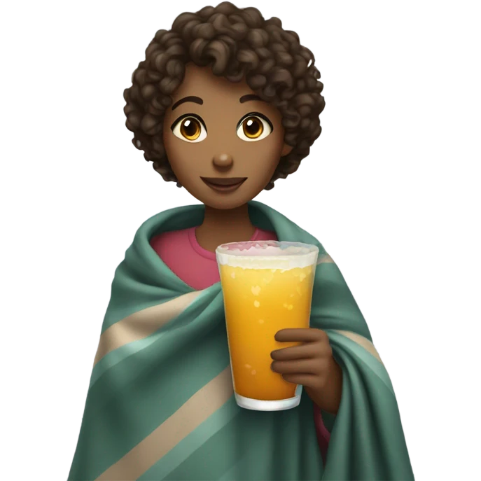 A girl with a short curly hair. She holds a glass of drink, wrapped in a blanket. emoji