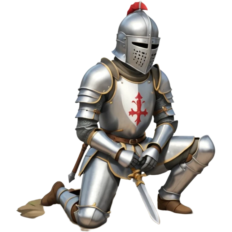 A lone medieval knight in plate, worn armor kneels. His helmet is closed, hiding his face, conveying silence, exhaustion and contemplation. A long sword is planted in the ground beside him, its hilt resting near his gloved hands as if he is praying or resting after battle. emoji