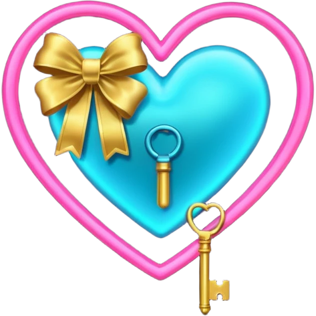 neon heart with a gold bow with heart pattern on the bow and a key emoji