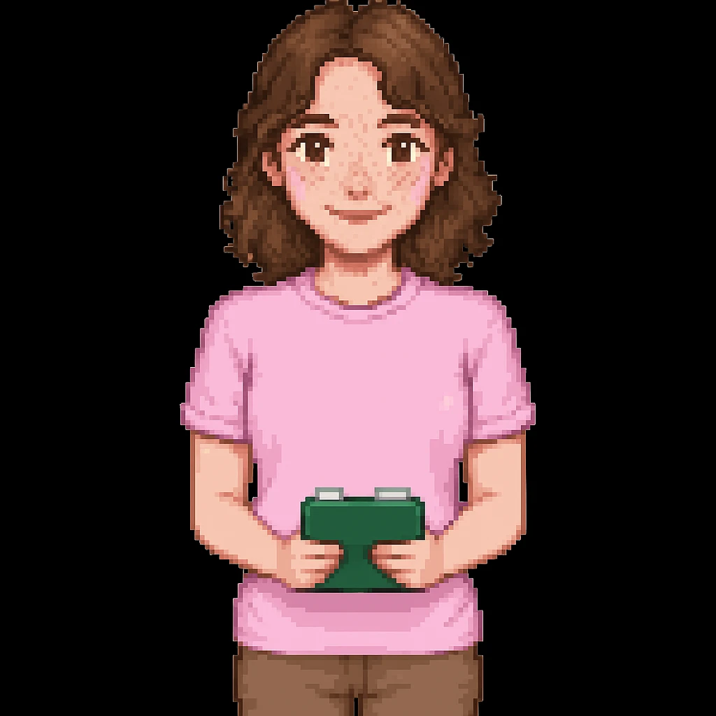 Add brown eyes and freckles on the cheeks to the pixel art teacher with brown hair, white skin, and pink t-shirt. Keep the original pixel art style. emoji