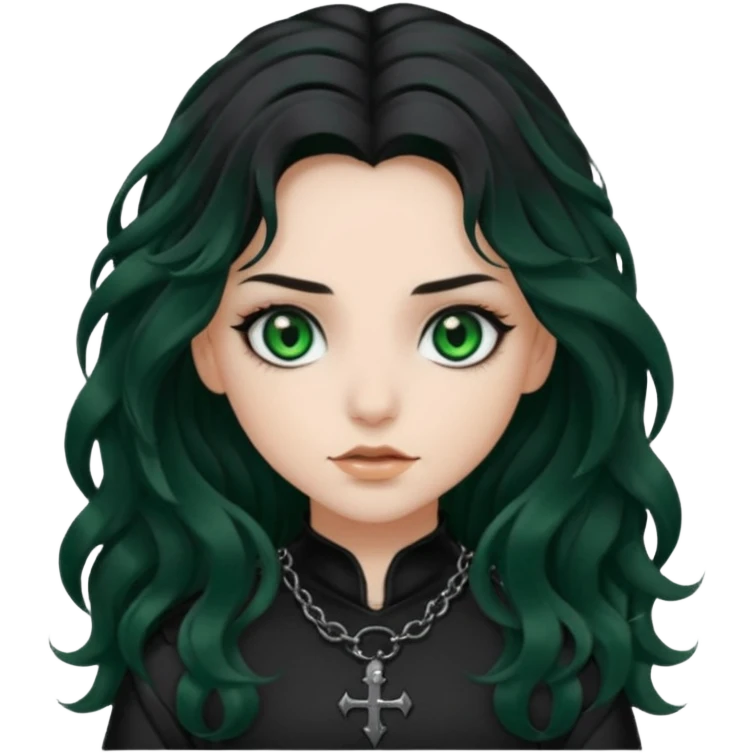 Crea una ragazza con stile black metal, capelli neri mossi lunghi e occhi verde scuro emoji
