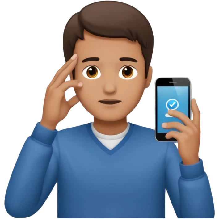 a guy holding 1 smartphone with both hands, smarphone should be horizontal, on top of his forehead emoji