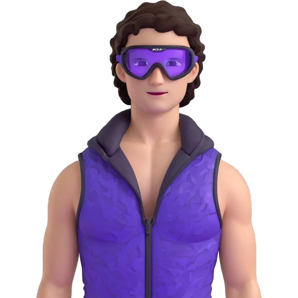close-up of cool guy male athlete with white skin and moderately curly dark brown hair on top with shaved sides, with one purple ski goggle lens pushed up above his eyes on his forehead, with an arrogant smug smirk on his face, wearing only a plain black chain necklace around his neck, and a completely unzipped sleeveless vest with purple and black sequin fire pattern design with no logo, clearly showing he is shirtless underneath with exposed chest and abs emoji