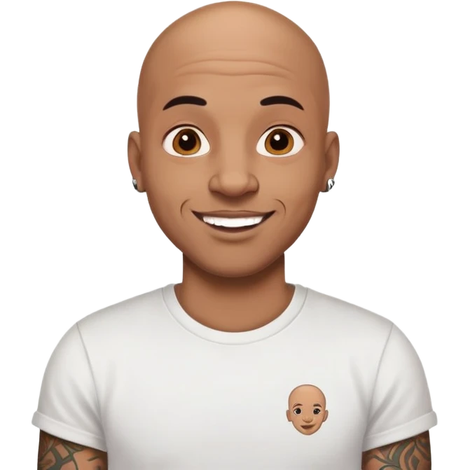 bald black man with intricate face tattoos, cheerful expression, wearing a t-shirt emoji