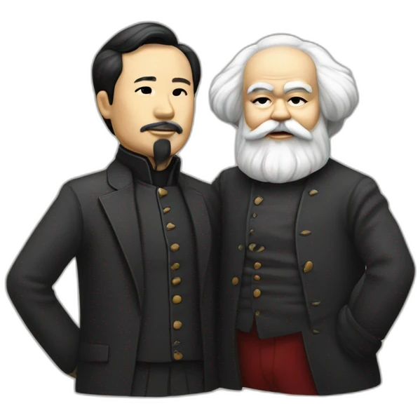 Li Hongzhi and Karl Marx, two human mentors, arm in arm，team up，rub shoulders, hooking up emoji
