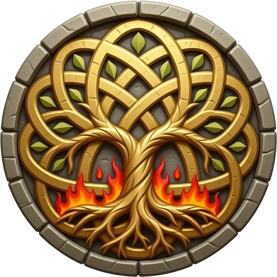 Tree of Life universal, ancient symbol with halfway fire blazing up emoji