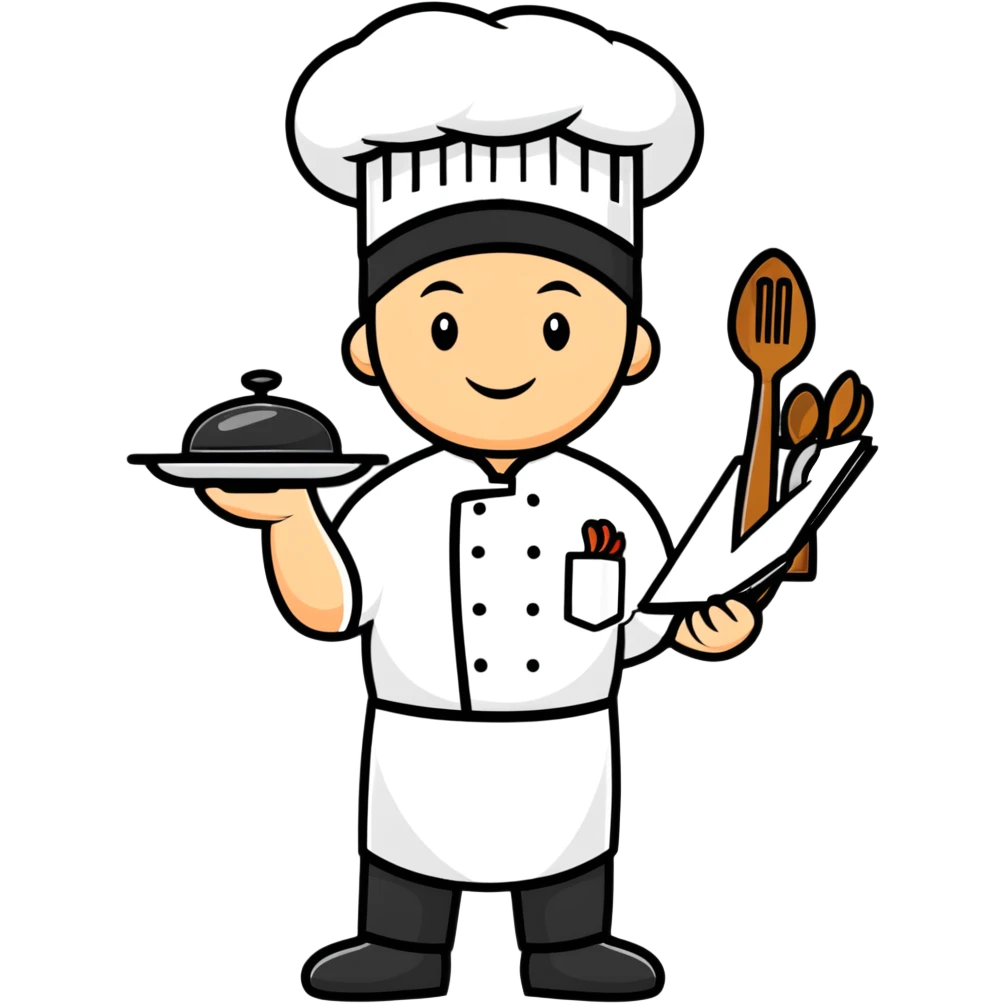 Enthusiastic chef wearing business suit and chef hat, holding cooking utensils and a sales contract emoji