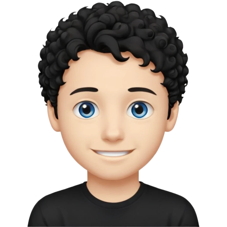 boy, young face like 20 years, blue eyes, medium curly hair black, easy smile, black t-shirt, purple background. emoji