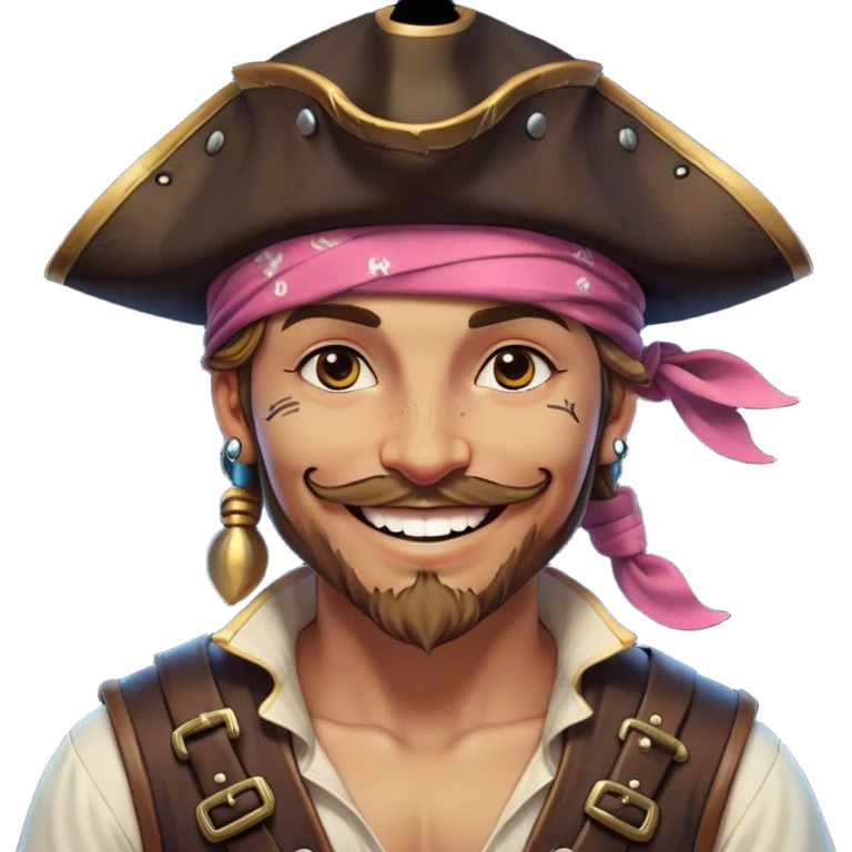 Clash of Clans aesthetic Playful Pirate Portrait Emoji, Head tilted with a roguish, cheeky grin and twinkling eyes, featuring a compact, spirited build with a jaunty hat and a quirky bandana, his natural skin tone evident, Simplified yet irresistibly charming features, highly detailed, glowing with a warm, inviting oceanic glow, high shine, spirited and lively, stylized with an air of whimsical maritime mischief, soft glowing outline, capturing the essence of a playful pirate exuding friendly rogue charm! emoji