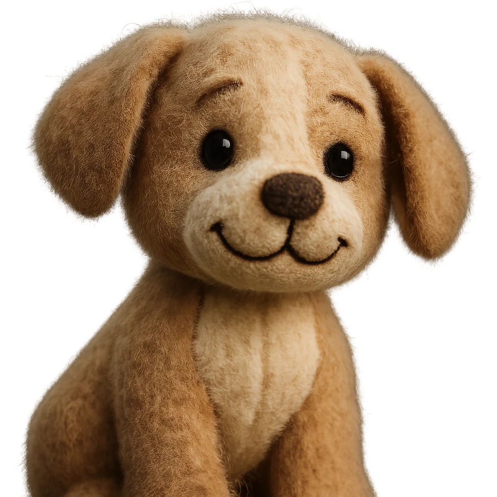 a puppy plush portrait, floppy ears, playful smile, fuzzy texture, light brown and cream emoji