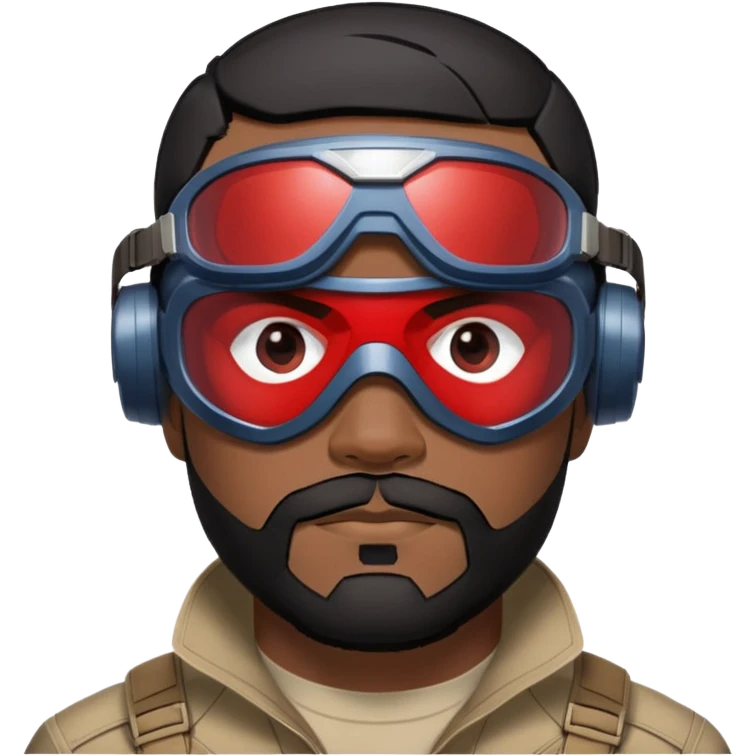 sam wilson with  short, neatly cropped black hair and a well-groomed beard that connects to his mustache,  wear sleek, red-tinted tactical goggles fit snugly from captain america: civil war emoji