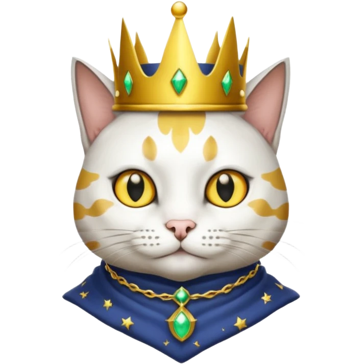 A wizard king cat that is mostly white with big black spots and yellow eyes emoji