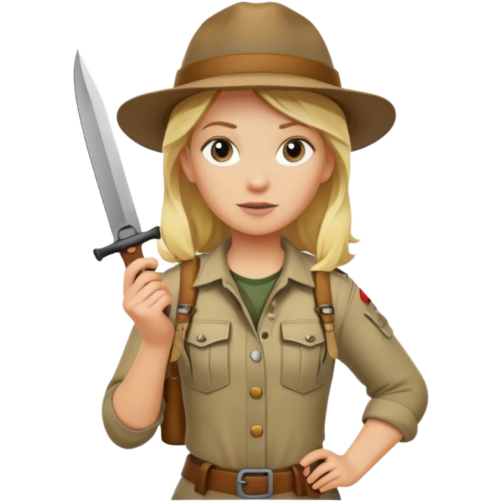 Blonde female wilderness explorer Melissa Backwoods holding a survival knife emoji