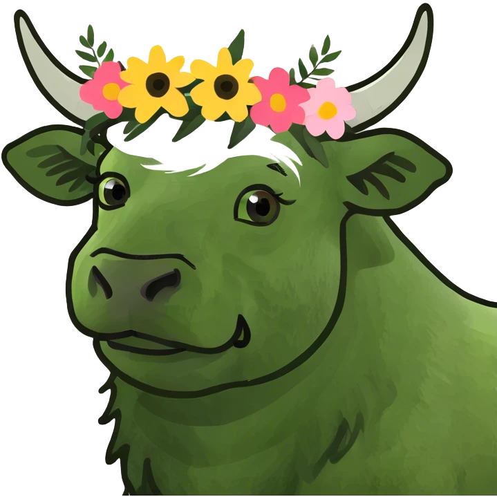 A highland cow wearing something cute with flowers on its head emoji