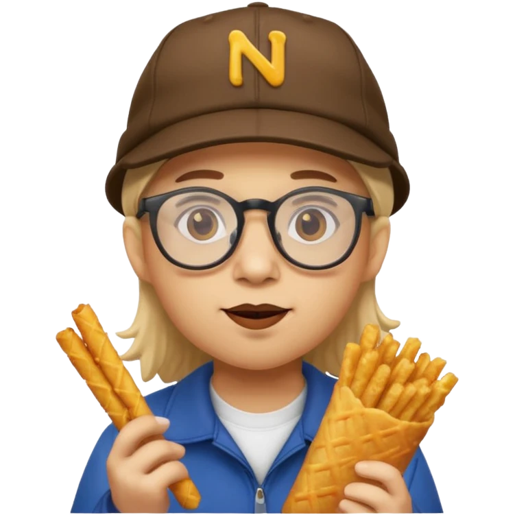 num num eatting hashbrown sticks with a cap and glasses emoji