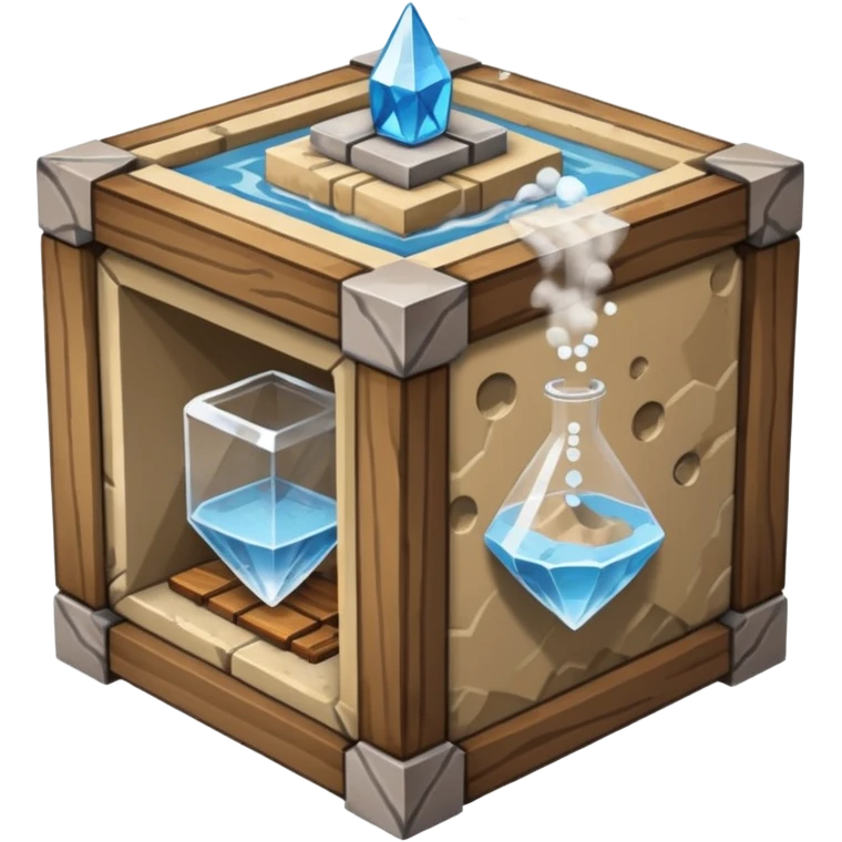 crafting table with tools, stone, wood, glass, sand, steam, water... like a minecraft style cube crafting table 100% like a minecraft table crafting, with on the right, left, a glass showing crafting merging between stone and wood emoji