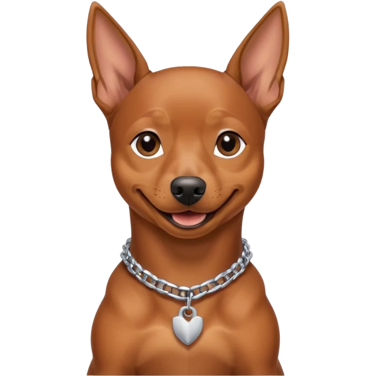 a pinscher dog sitting and smiling with a silver chain in the neck emoji