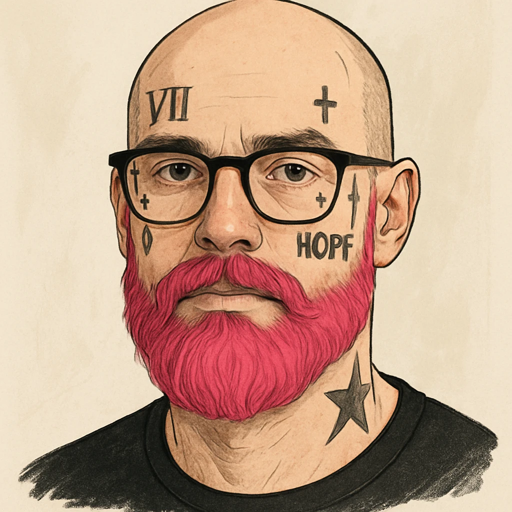 bald man with a pink beard, wearing glasses, with face tattoos, clear and expressive style emoji