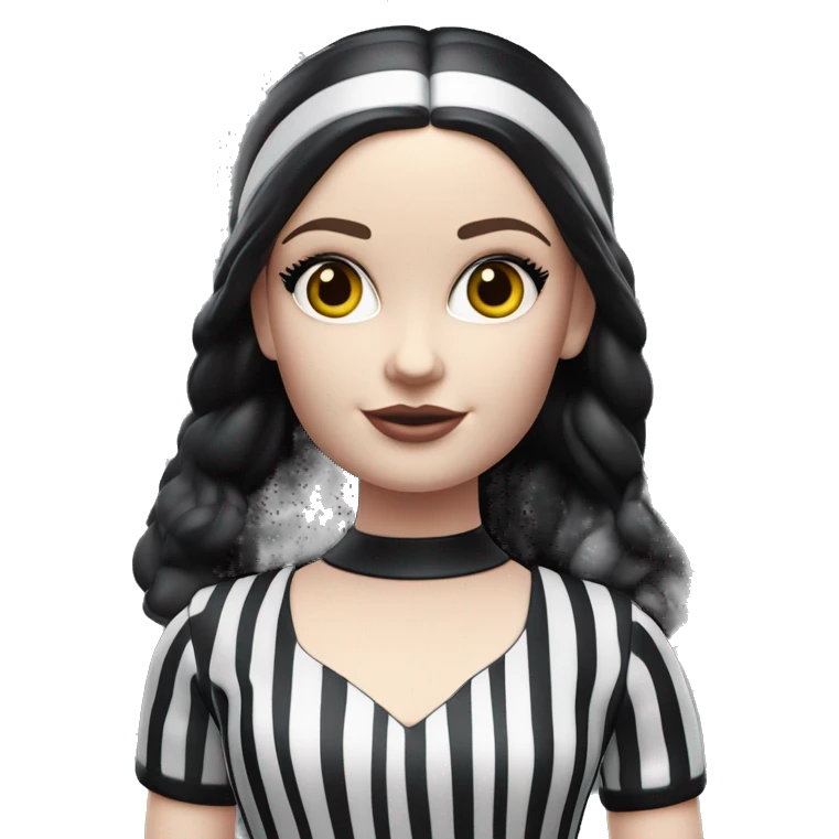 Malibu Barbie, 1965 Wednesday Addams from academy, in dark-gray and black striped outfit with hat. Smiling Driving Mercedes convertible sports car. Pale-white porcelain skin.  emoji