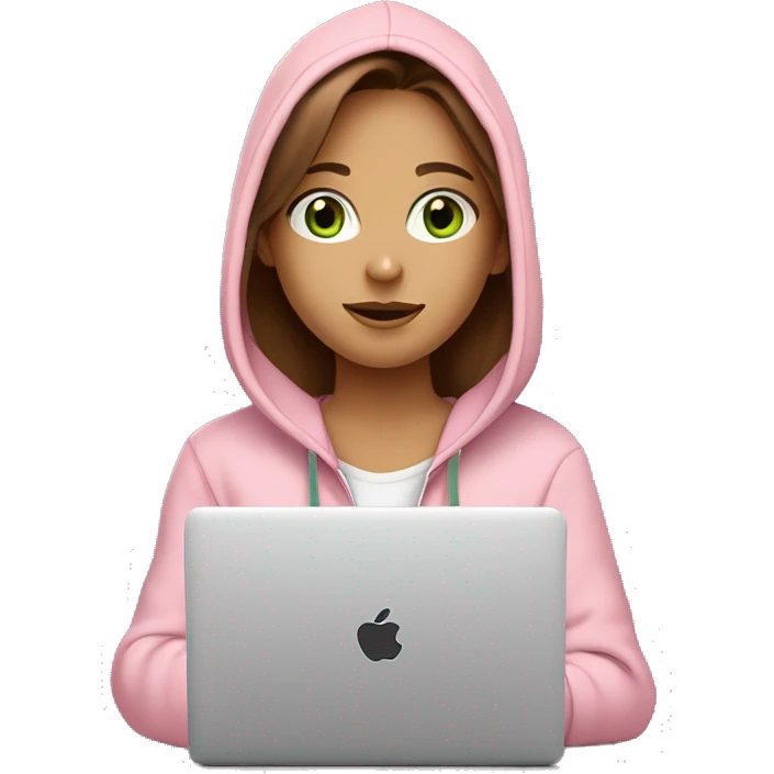 a girl with brown long hair, fair skin, green eyes, is working relaxed at a modern laptop in a monochrome pale pink zip hoodie with a hood and a pink monochrome T-shirt emoji
