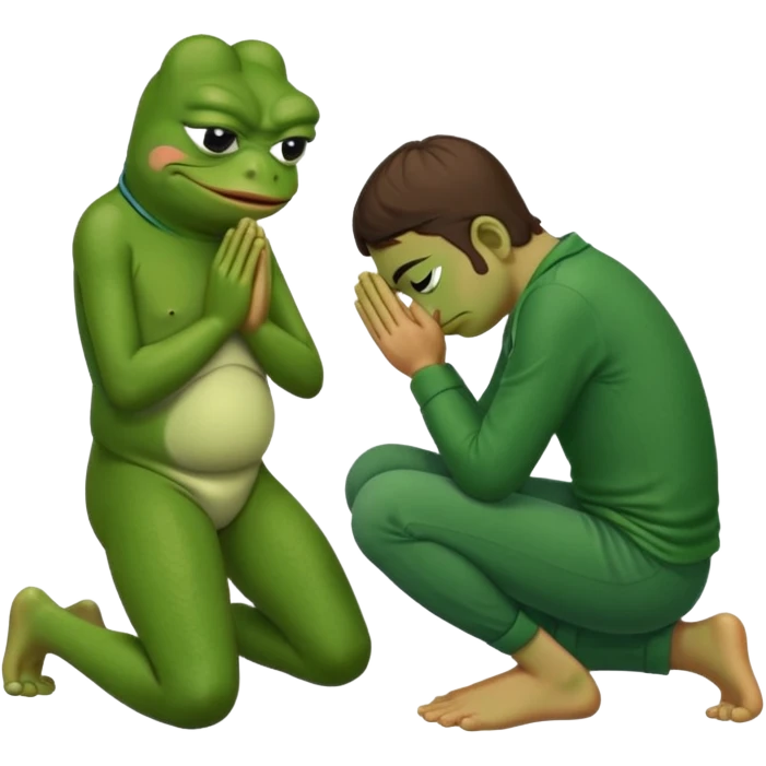 Pepe the frog kneeling and praying in front of man’s feet emoji