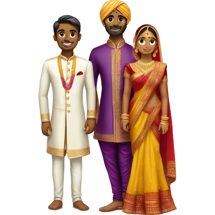 Tamil south indian where bride is in yellow saree with red border and the groom wearing purple sherwani for Engagement. Should be fair skinned emoji