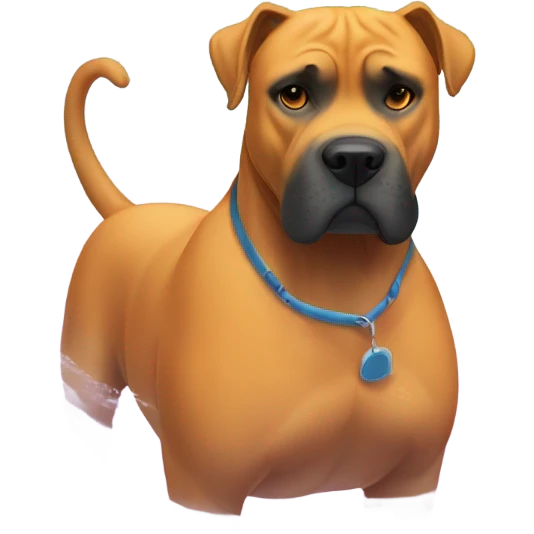 An orange-colored Cane Corso wearing a bathing suit while swimming. emoji
