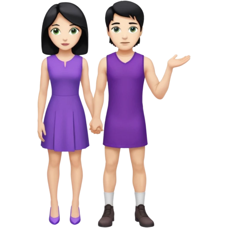 prince, standing upright, black Hair, blue eyes, garment,  woman, bending knee, white sleveless dress, blonde hair, green eyes, emoji