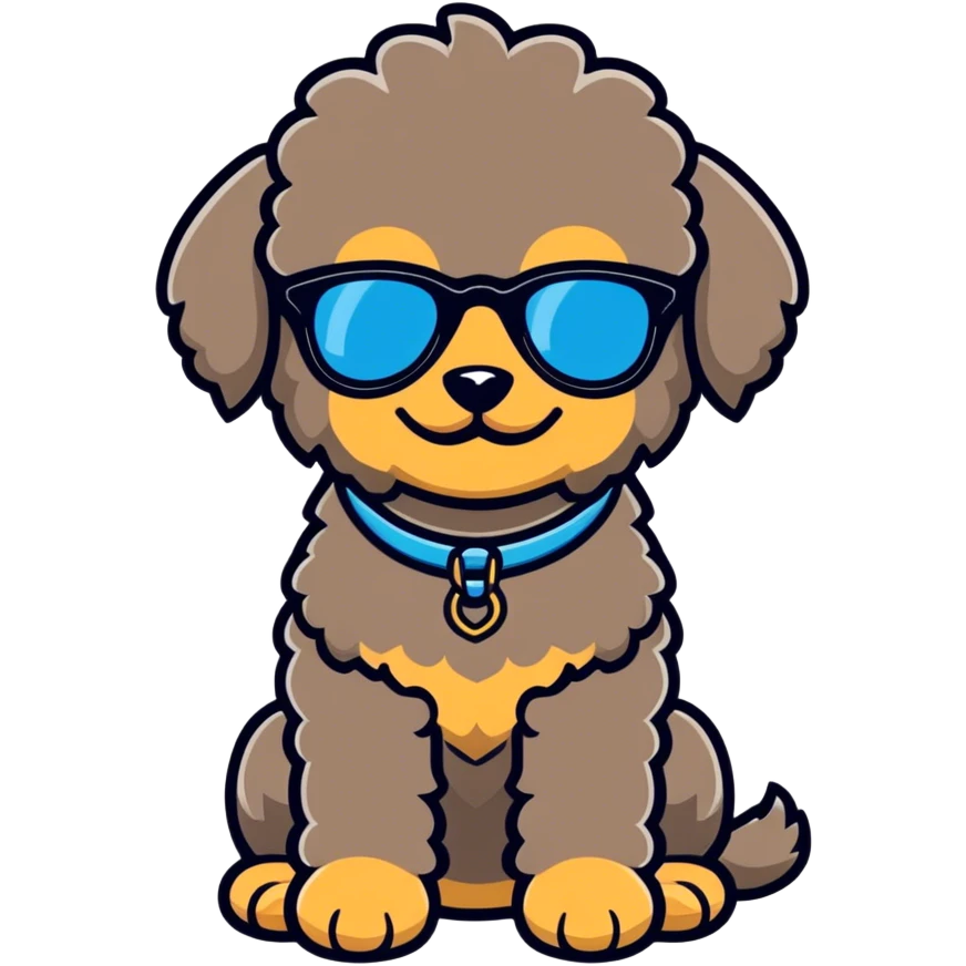 Brindle colored toy poodle wearing sunglasses emoji
