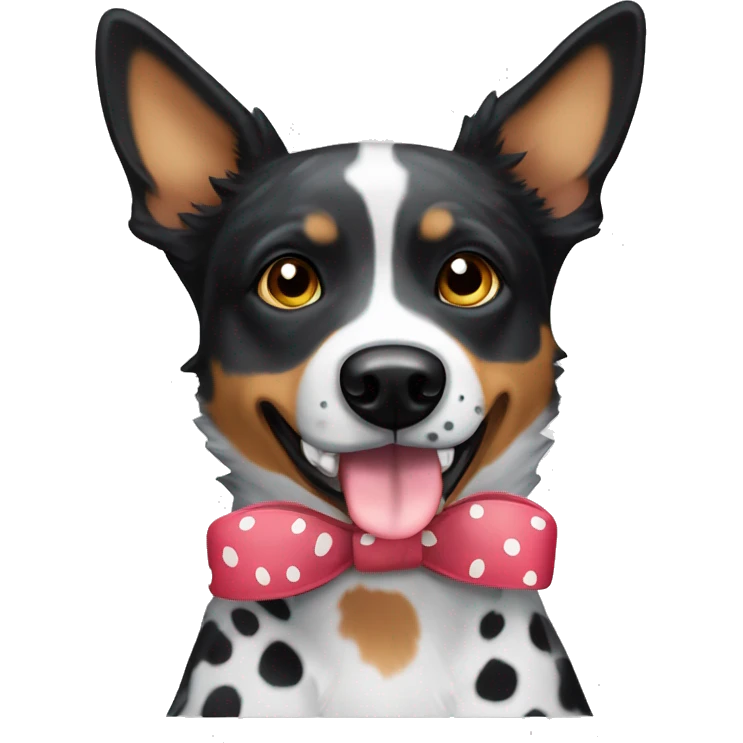 Black and white spotted Australian cattle dog with bow emoji