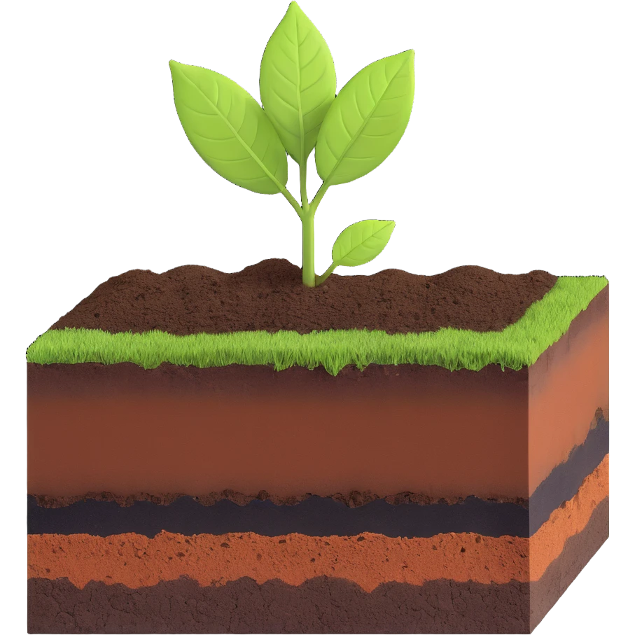 A fresh green leaf resting on the surface of a cross-section of the Earth, where soil and underground layers are visible beneath. Natural lighting, realistic textures. emoji