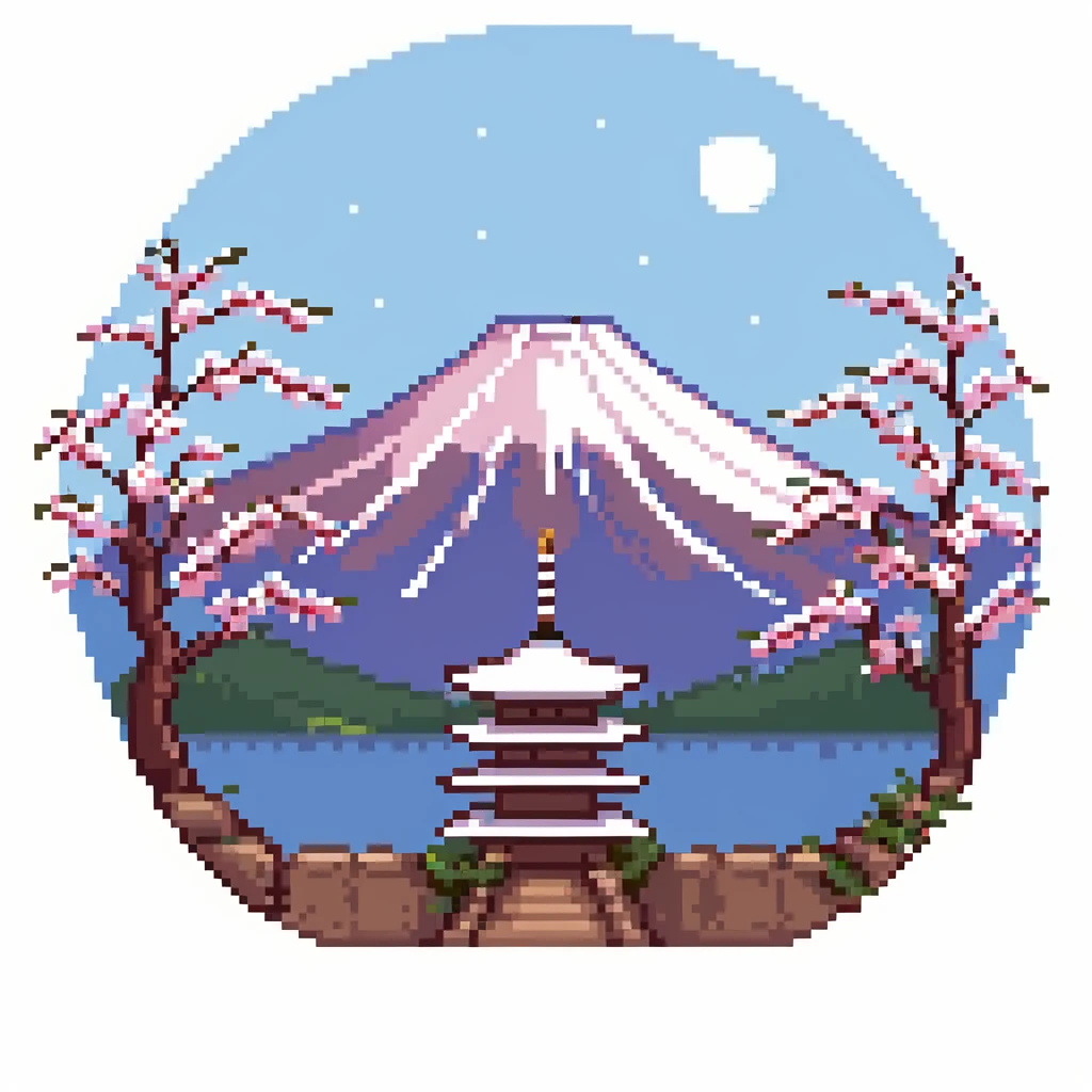 Mount Fuji with snow cap and cherry blossoms around the base emoji