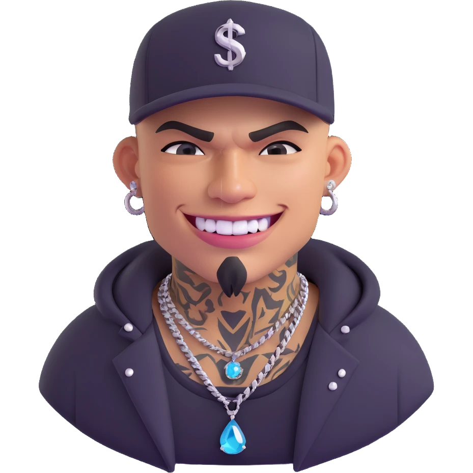 tough gangster with sparkling diamond teeth, teardrop tattoo, streetwear emoji
