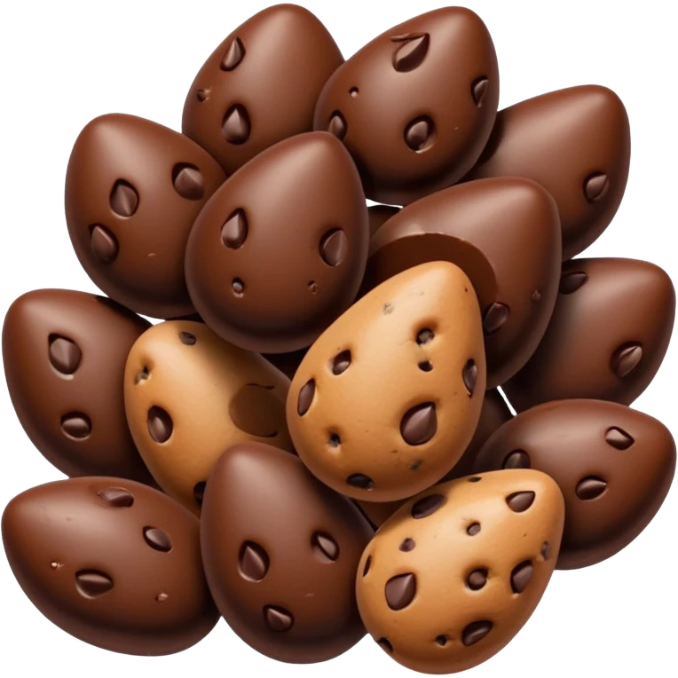 handful of chocolate chips, semi-sweet, irregular arrangement, teardrop shape, glossy surface, dark brown, rounded point, 3D-rendered, minimal, no faces emoji