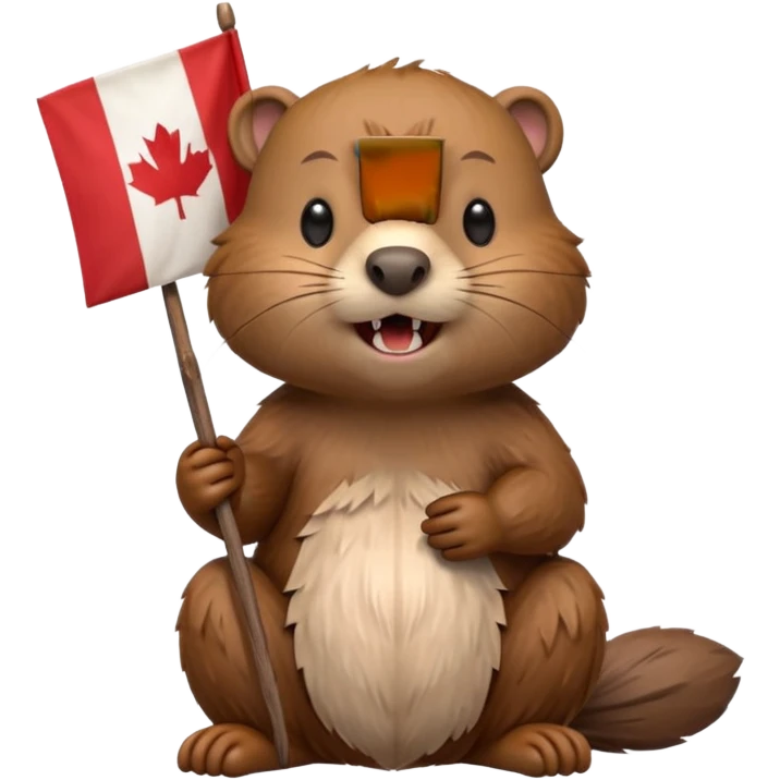 A hyperrealistic kawaii style beaver  sitting down, with a tiny canadian flag on a wooden stick, in his mouth, showing his big beaver teeth, still life, render, isolated. 4k hd, 300 dpi, no emoji faces, no emoji icons, no human figures  emoji