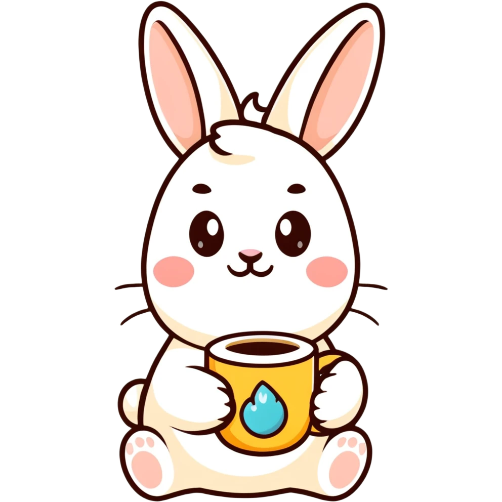 fluffy cream bunny with teardrop eyes holding a coffee mug, cozy soft background emoji