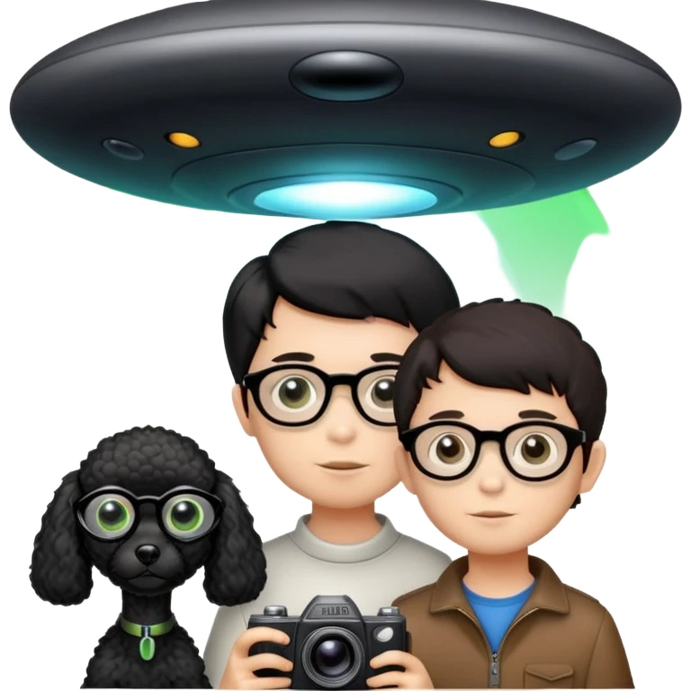 A little boy with straight black medium-length hair, white skin, and black eyes wearing black-framed glasses is taking photos on a UFO with a camera. Beside him, there is an alien and a brown round-headed poodle. emoji