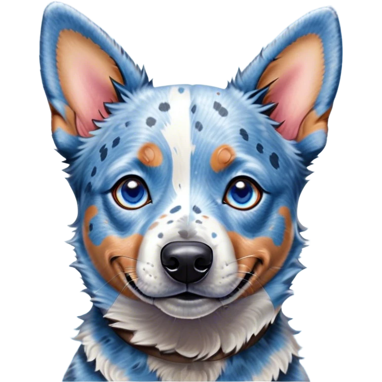 Cinematic Cute Blue Speckle Australian Cattle Dog Portrait Emoji, Head tilted playfully and inquisitively, featuring a vibrant blue speckle Fur with dynamic patterns, round, sparkling blue eyes filled with curiosity, Simplified yet irresistibly adorable features, highly detailed, glowing with a warm, friendly glow, high shine, affectionate and energetic, stylized with a touch of whimsy, bright and endearing, soft glowing outline, capturing the essence of a mischievous yet loving pup, so playful it feels like it could bound out of the screen and into your arms! emoji