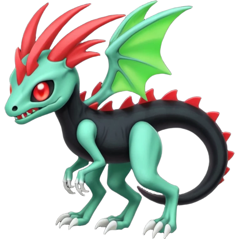 Obsidian-black and neon-glowing-green skeletal Meloetta-Salandit-Gorebyss-Salazzle-Pokémon-Fakémon-creature-fusion-hybrid with glowing crimson-red evil slit eyes emoji