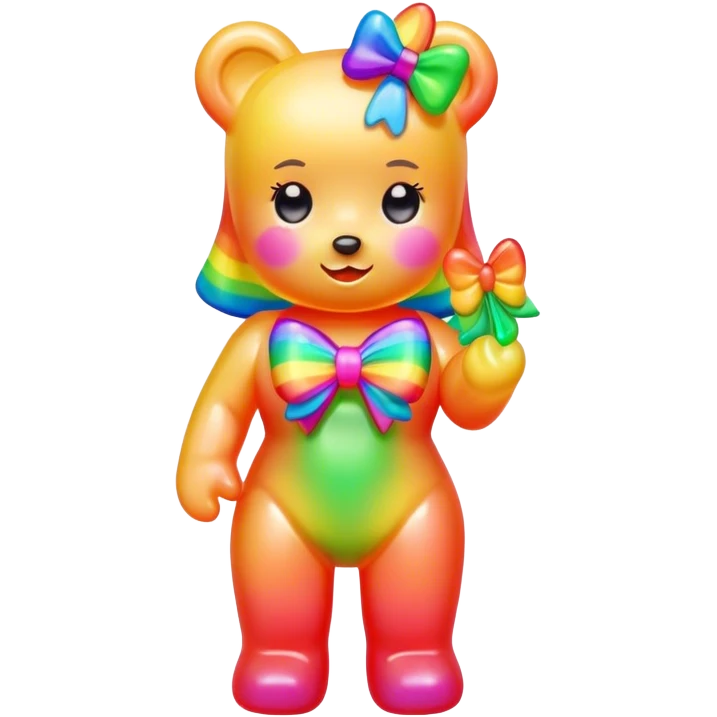 A neon rainbow girl gummy bear with bow emoji