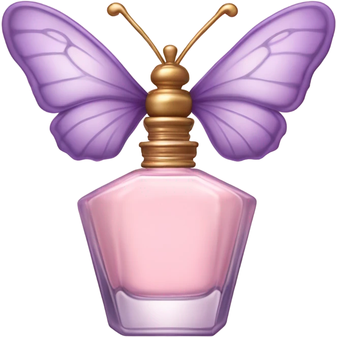 A dreamy vintage perfume bottle in soft pastel pink, adorned with delicate violet butterfly wings. emoji