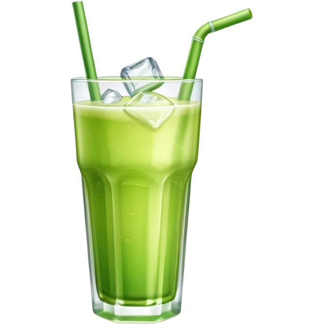 Glass of fresh sugarcane juice with ice cubes, light green liquid, a straw, refreshing beverage emoji